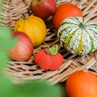 Grosse citrouille, courges et pommes colorées dans un panier en osier.